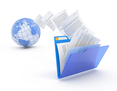 A picture of documents from a file folder going to the web.