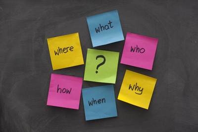 A picture of question words written on sticky notes.
